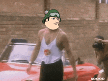 a man wearing a green hat and goggles stands in front of a red car and a sign that says $ dood