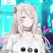 a girl with long white hair and a choker is wearing a white t-shirt with a panda on it
