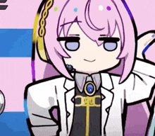 a cartoon girl with pink hair and headphones is wearing a lab coat and a microphone .