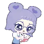 a cartoon girl with purple hair and glasses is holding a notebook and writing in it .