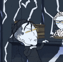 a cartoon drawing of a man making a funny face and a woman in glasses