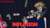a man in a suit and tie stands at a podium with xp xp inflation written in red letters