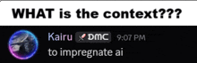 a screenshot of a text conversation between kairu and dmc
