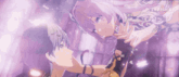 a couple of anime characters standing next to each other with a purple background