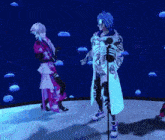 a man with blue hair is standing in front of a microphone with jellyfish in the background