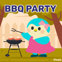 an illustration of a girl grilling sausages with the words bbq party behind her