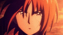 a close up of a red haired anime character