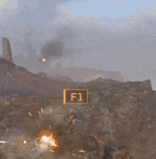 a video game scene with a sign that says f1 in the foreground