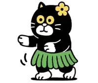 a black cat wearing a green skirt and a yellow flower on its head .