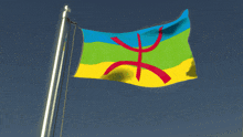 a blue green and yellow flag with a red cross in the middle