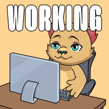 a cartoon drawing of a dog sitting in front of a computer with the word working above him