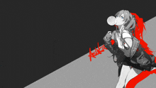 a black and white drawing of a girl blowing a bubble with the word asuka on the bottom