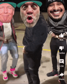 a group of men are dancing with their faces on a screen that says dislike