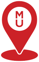 a red pin with a white circle with the letter m in it