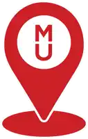 a red pin with a white circle with the letter m in it