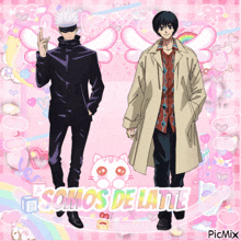 two anime characters standing next to each other on a pink background with somos de latte written on it