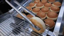 a bunch of donuts are being cooked in a fryer and the words made in animotica are on the bottom