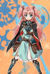 a drawing of a girl with pink hair and a cape with the letters a and b on it