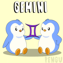 a couple of penguins sitting next to each other with the word gemini behind them