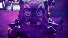 a close up of a toy with a purple face