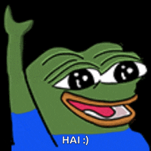 a cartoon frog with a blue shirt on is waving his hand and says hai