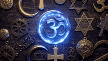 a group of religious symbols including a crescent moon and a star