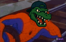 a cartoon of a crocodile wearing a hat is on the tracks