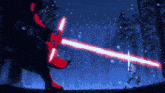 a person is holding a red light saber in front of a red monster