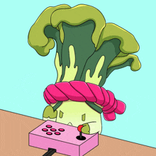a cartoon drawing of a broccoli with a pink scarf around its head