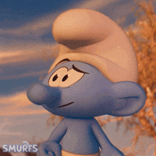 a smurf says " oh yeah " in front of a tree