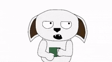 a cartoon dog is holding a book in its paws and making a funny face .