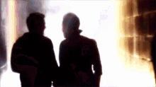 a silhouette of two men standing next to each other in a dark room .