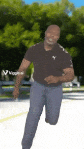 a man in a black shirt and gray pants is running down a street .