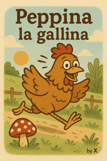 a cartoon of a chicken running next to a mushroom with the words peppina la gallina above it