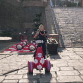 a video game character is standing next to a red scooter with flowers on it