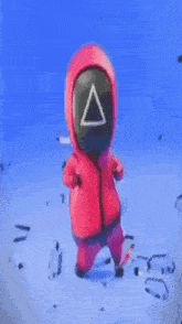 a cartoon character in a red suit with a triangle on his face is dancing .