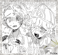 a black and white drawing of a girl with the word teen written on it
