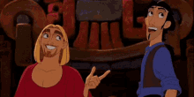 two cartoon characters are laughing and pointing at each other while standing next to each other .