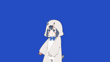 a girl is wearing a dinosaur costume with a blue bow tie