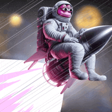 a pink monkey is sitting on a rocket