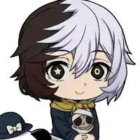 a black and white anime character with a star on his eye is holding a stuffed animal