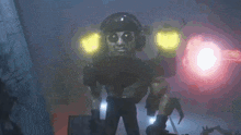 a robot with a helmet and sunglasses is standing in front of a building .