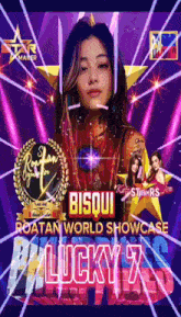 a poster for bisqui roatan world showcase with a woman on it
