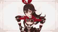 amber from genshin impact is wearing goggles and a red jacket