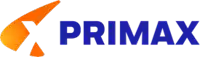 a blue and orange logo for x primax with an orange arrow