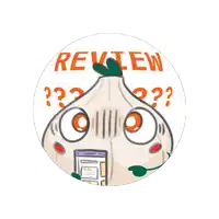 a cartoon character with a microphone and the word review