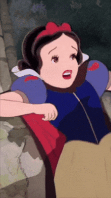 a close up of a snow white cartoon character with a surprised look on her face