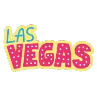 a yellow and pink logo for las vegas with white dots