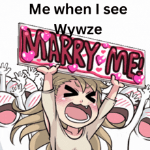 a cartoon of a girl holding a sign that says marry me