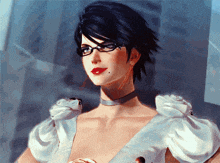 a painting of a woman wearing glasses and a white top
